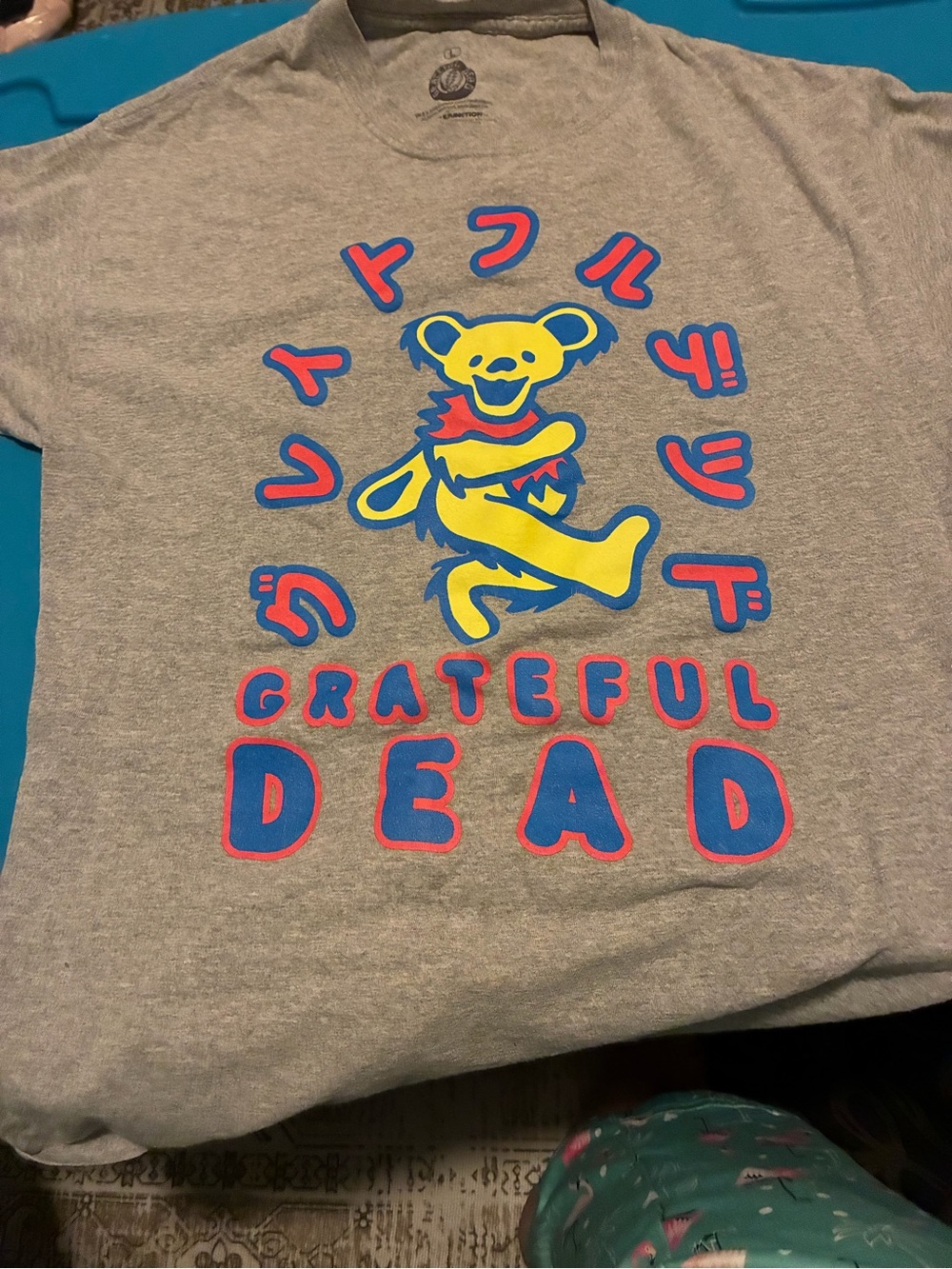 Grateful Dead Gray Tee with Yellow Bear and Blue-Pink Graphics